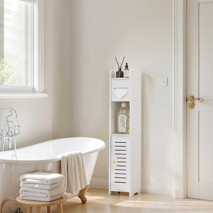 VECELO Storage Cabinet for Small Spaces,Skinny Toilet Paper Holder Stand with Anti-Drop Fence and Roller Storage, White - size: CV1