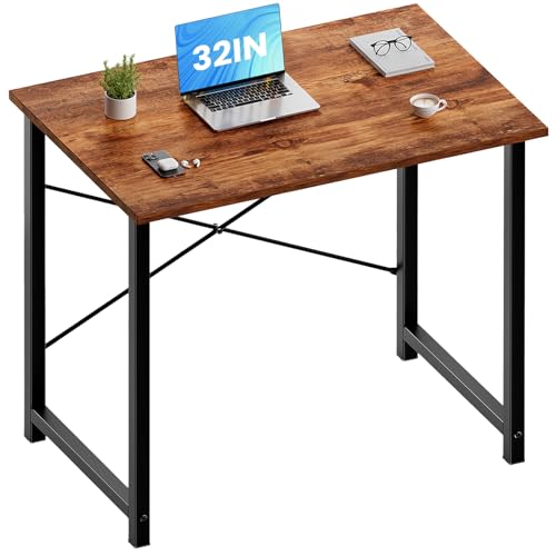 OLIXIS 32-Inch Small Computer Desk for Home Office, Brown | Gaming Writing Work and Study Desk for Bedroom, Sturdy Metal Frame, Compact Modern Design - color: Rustic Brown, size: 32-In