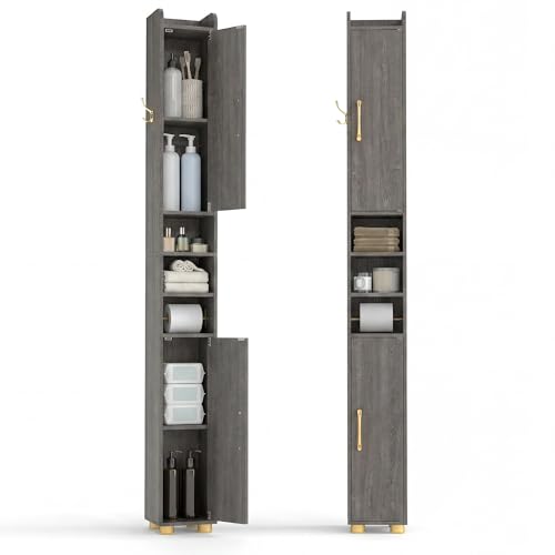 Tangkula Narrow Bathroom Cabinet, 69.5” Tall Storage with 2 Doors & Adjustable Shelves, Toilet Paper Rod & Side Hook, Anti-toppling Design, Slim Floor Cabinet for Small Spaces (Gray, 2 Pack) - color: Grey, size: 2 Pack