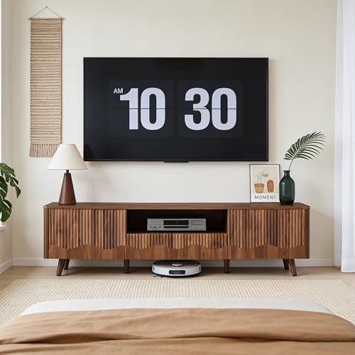 BERRYMERRY Walnut 62.2” Fluted Wave TV Stand for TVs up to 75” | drawer,open shelf,cabinet,round corner,entertainment center,tv console,cable manage,wood