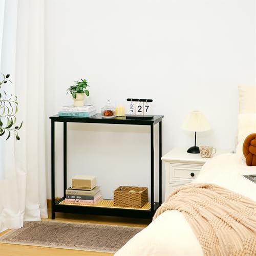 Bamboo Narrow Console Table, 31.5"(L) Wood Small Entryway Table with Rattan and Glass, Accent Slim Hallway Tables, Thin Sofa Side Tables for Hallway, Living Room, Bedroom, Foyer, Black - color: Black 31.5"(l)