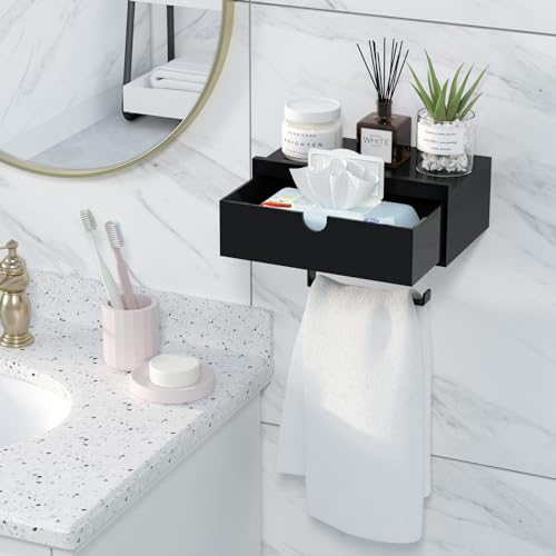 Domax Black Toilet Paper Holder with Shelf,Wall Mount/Adhesive Bathroom Toilet Paper Holder,Bamboo Wood Tissue Toilet Roll Holder with Storage Drawer for Organizer Wipes,Fits Any Room, Large - color: Black