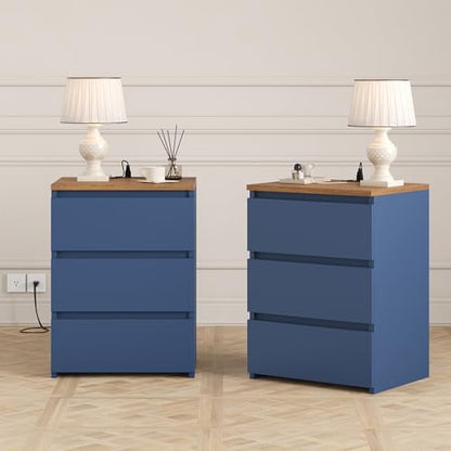 Keyluv 3 Drawers Nightstand Set of 2 with Charging Station, Modern Bedside Table with USB Ports, Sofa Side Table Night Stand with Storage, Sturdy End Table for Bedroom/Living Room/Home Office, Blue - color: Blue