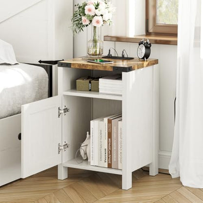 Fameill Farmhouse End Tables Set of 2, Modern White | Nightstands with Charging Station, Bedside Tables with Barn Door and Open Compartment, Rustic Living Room Side Table