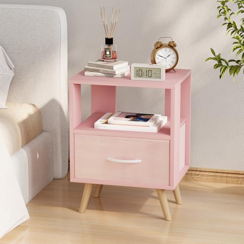 Huhote Kids Nightstand, 2-Tier Night Stand with Drawer, Modern Side Table for Bedroom, Study Room Small Spaces, Pink - color: Pink, size: 2-Tier with Drawer
