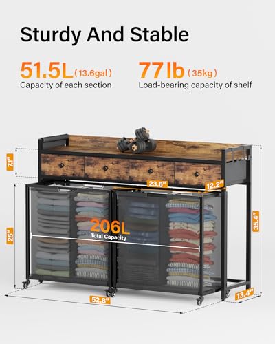 4 Section Rolling Laundry Sorter, Fabric Drawers & Pull-Out Car | Durable, Strudy, Shelf Laundry Hamper, Brake Two Wheels, Bottom Added Panel, Easy to Move, Laundry Room - size: 4 Section with Drawers (206L)