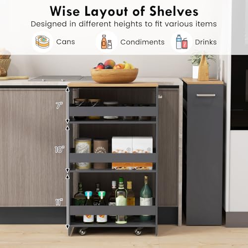 LOKO 4-Tier Rolling Storage Cart, 8 Inches Slim Kitchen Cart on Wheels with Open Shelves & Handle, Laundry Room Cart Between Washer and Dryer, for Narrow Space Bathroom Next to Fridge (Grey & Natural) - color: Grey & Natural