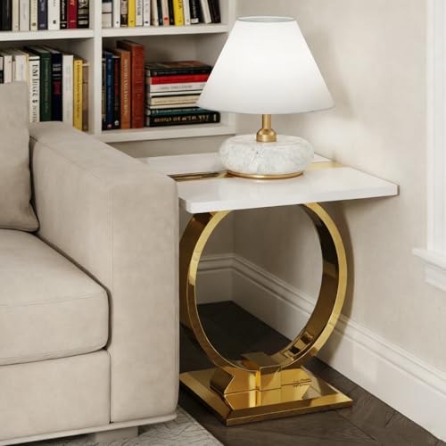 Asday Gold End Table, 23" Modern Sofa Side Table with Polished Metal U-Base, Square White and Gold End Table for Living Room, Sofa Couch, Bedroom, Office - color: White and Gold, size: Set of 1