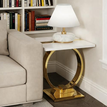 Asday Gold End Table, 23" Modern Sofa Side Table with Polished Metal U-Base, Square White and Gold End Table for Living Room, Sofa Couch, Bedroom, Office - color: White and Gold, size: Set of 1