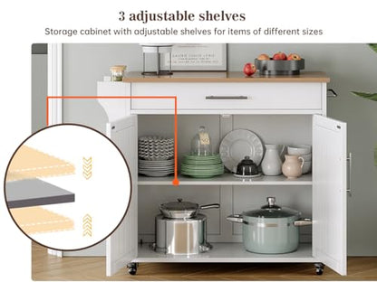 Kitchen Storage Island, Wooden Rolling Kitchen Island On Wheels with Countertop, Mobile Kitchen Island Cart with Towel Rack, Spice Rack and Drawers, White - color: White