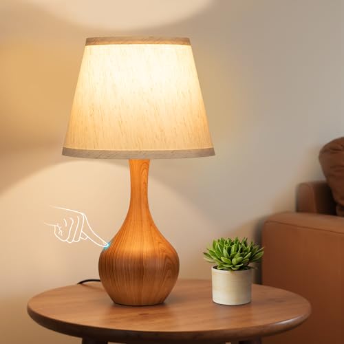 Seealle Touch Table Lamp for Bedroom, 3-Way Dimmable Small Bedside Lamps for Night Stands with Wires, Wood-Paint Desk Lamp for Kids Room, Office, Living Room, End Table(LED Bulb Included) - color: E. Oatmeal Shade & wood-paint Base