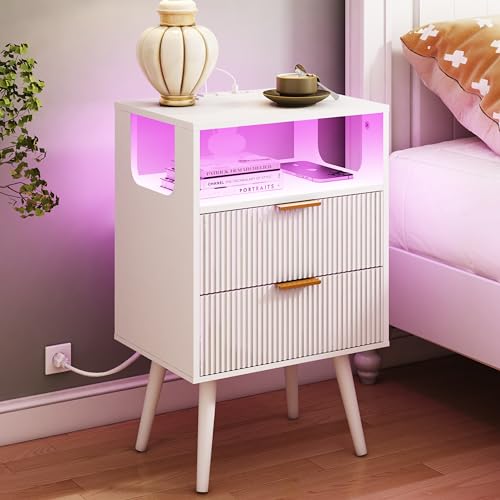 JOONEE White Nightstand with Charging Station and LED Lights,Modern Bedside Table with 2 Storage Drawer and Open Wood Shelf, for Bedroom and Small Spaces,Night Stand with Solid Wood Legs,White - color: White