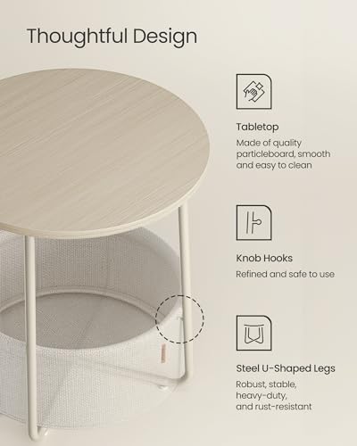 VASAGLE LILEA Collection - Small Round Side End Table, Modern Nightstand with Fabric Basket, Cream White ULET223K67 - color: Cream White, size: Round + 1 pack