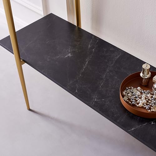 LumFurn Glass Console Table for Living Room, Foyer & Entrance, 2-Tiers Mid-Century Modern Sofa Table with Grey Glass Top, Black Marble Finish Wood Shelf and Gold Finish Frame - color: Grey & Black Marble, size: L41" Sofa Table