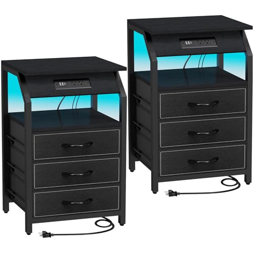 SZLHANJZ End Tables Set of 2, LED & Charging Station, 3 Fabric Drawers | Nightstands with 3 Large Fabric Drawers Bedside Table, Storage Side Tables for Bedside, Living Room, Modern Black - color: Black, size: 3 Drawers - Set of 2