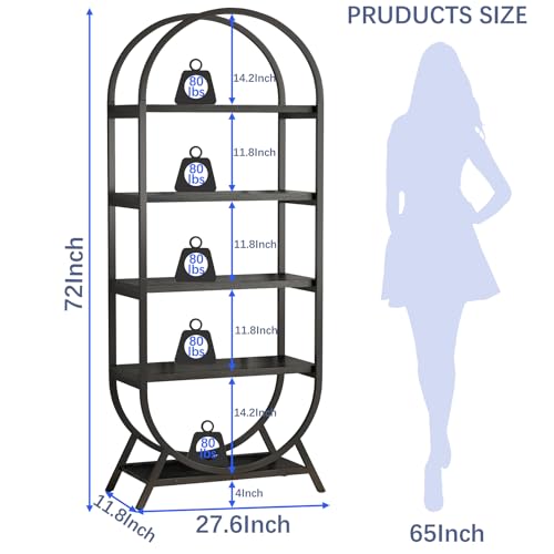 Bookshelf Arched Bookcase, Industrial 5 Tier Open Book Shelves with Metal Frame, 72" Tall Freestanding Display Rack for Home Office, Living Room, Black - color: Black, size: 5 Tier Arched