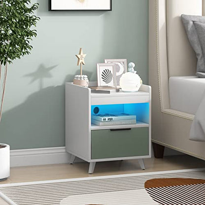 GOFLAME LED Nightstand Set of 2, 3-Tier Sofa Side Table with Drawer & Open Shelf, Remote Control, Aluminum Alloy Leg, Modern End Table for Bedroom, Guest Room, White