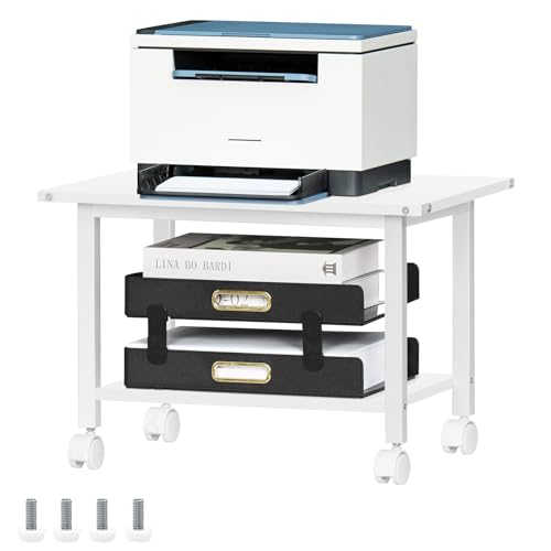 Lerliuo Under Desk Printer Stand, 2-Tier Industrial Rolling Printer Table | White Small Mobile Printer Cart Desk for Home Office, Lockable Wheels, Open Storage Shelf, Metal frame - color: White, size: 2-Tier