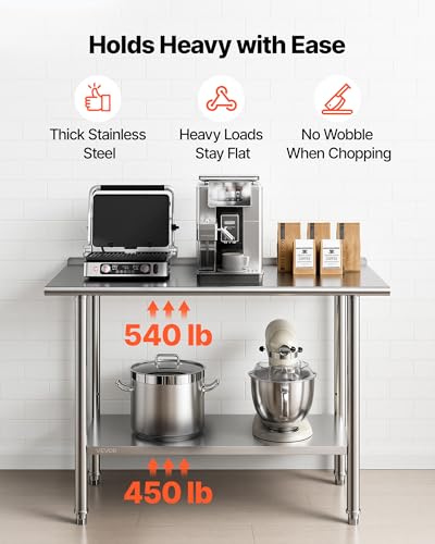 VEVOR Stainless Steel Work Table, 24x48 Inch Food Prep Table, Commercial Kitchen Workstation with Adjustable Undershelf, Metal Heavy Duty Utility Worktable, for Restaurant Home Hotel Garage Outdoor - size: 24*48