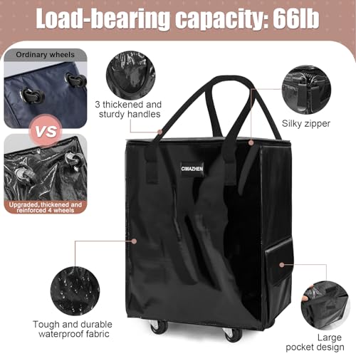Reusable Grocery Bag Tote Bag with Wheels, Foldable Rolling Tote Bag with 3 Handles and Zipper - color: Black, size: Medium