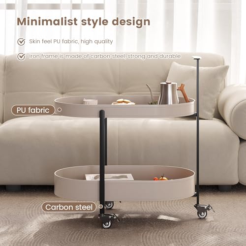 Oval End Table with Storage Shelves, 2-Tier PU Leather Tray Side Table with Wheels, Modern Sofa Table & Nightstand for Bedroom, Living Room, Compact Rolling Tray Table with Lockable Casters