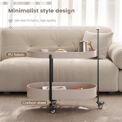 Guyii 2 Tiers Storage Rolling Cart 360 Rotating Side Table Modern End Table Living Room Table with Wheels Easy to Move for Living Room Bedroom Kichen Bathroom Pu Leather - color: Beige