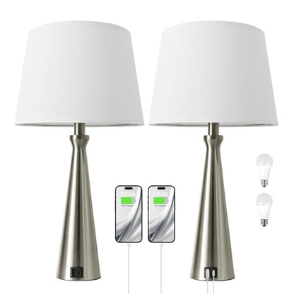 Seealle Modern Table Lamps Set of 2 - Touch Bedside Lamp for Nightstand with Dual USB C+A,3-Way Dimmable Silver Nightstand Lamps for Living Room Bedroom End Table with White Shade(Bulb Included) - color: C. Silver-White