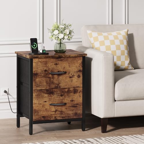 Vagusicc Nightstand Set of 2 with Charging Station, End Table Bedside Table with Power Outlet & USB Ports, Side Table with 2 Fabric Drawers for Bedroom, Living Room, Rustic Brown - color: Rustic Brown (2 Pack)