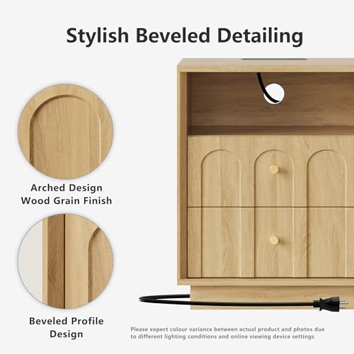 FORTUNETEC Nightstand Set of 2 with Charging Station, Mid Century Modern Nightstand with Arched Design,Boho End Table with Wood Grain Texture, Bedside Table for Bedroom Living Room Sofa Office, Oak - color: Oak, style: set of 2