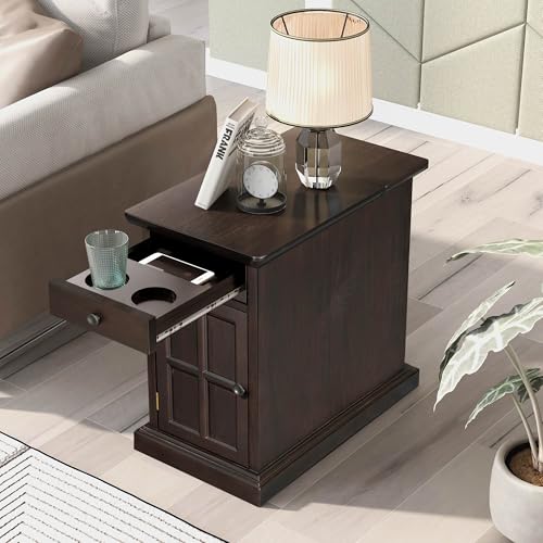 Multifunctional Classic Vintage End Table with USB Ports and 1 Drawer with Cup Holders, Sofa Side Narrow Table, Bedside Nightstand for Living Room Bedroom (Antique Espresso) - color: Antique Espresso