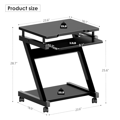sogesfurniture Mobile Computer Desk, Small Rolling Work Workstation for Home and Office with Printer Shelf, Keyboard Drawers,23.6 x 18.9 x 28.7 Inches,BHUS-DX-8110-BB(Black) - color: Black