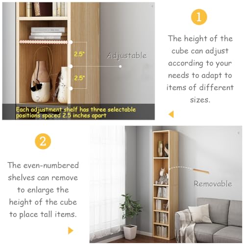 IOTXY Small Narrow Corner Bookcase - 47 Inches Tall Gap Freestanding Storage Cabinet, 5 Lattices Open Shelves Tower Rack, Cubes Bookshelf in Oak | Modern Minimalist Style, MDF Material, Adjustable Movable Shelves, 4 Latticed Tower Rack with a Door, Space-