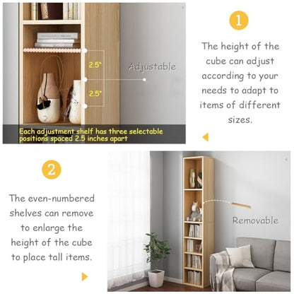 IOTXY Small Narrow Corner Bookcase - 47 Inches Tall Gap Freestanding Storage Cabinet, 5 Lattices Open Shelves Tower Rack, Cubes Bookshelf in Oak | Modern Minimalist Style, MDF Material, Adjustable Movable Shelves, 4 Latticed Tower Rack with a Door, Space-