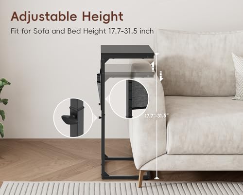 Vagusicc C-Shaped End Table Set of 2 with Charging Station, Small Side Table for Couch, Adjustable Height Couch Side Table, Slide Under Sofa Table TV Tray Tables for Living Room,Bedroom,Bedside, Black - color: 2pc Black