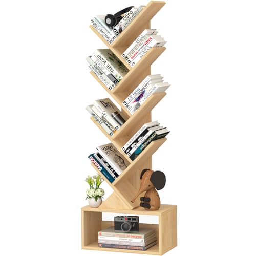 SHEEPAM 9 Tier Tree Bookshelf,Christmas Green Bookcase for Narrow Space, Storage Organizer Floor Standing Bookshelves for Books, Tall Book Case for Home Office, Living Room, Bedroom - color: Natural, size: 9 Tier