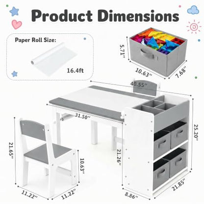 Kids Art Table & 2 Chairs Set, Wooden Activity Craft Desk w/ Paper Roll | Sturdy Wooden Table with Organizers, Open Shelves, Removable Bins, for Toddlers Art Crafts Drawing Painting Writing (Grey) - color: Grey