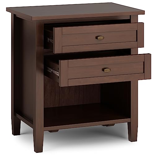 SIMPLIHOME Warm Shaker Bedside Table - 24 inch Wide Solid Wood Nightstand in Russet Brown, Transitional Bedroom Side or End Table with 2 Drawers, Open Shelf Storage and Brushed Nickel Hardware - color: Russet Brown