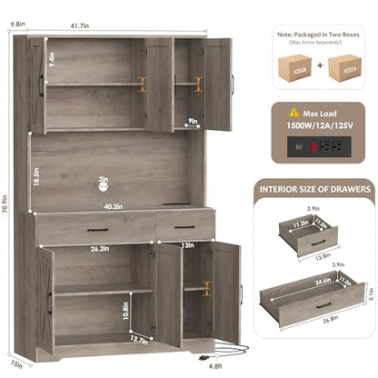 HOSTACK 71" Pantry Cabinet with Charging Station, Tall Kitchen Pantry Storage Cabinet with Microwave Stand, Farmhouse Kitchen Hutch with Storage Drawers for Living Room, Dining Room, Ash Grey - color: Ash Grey