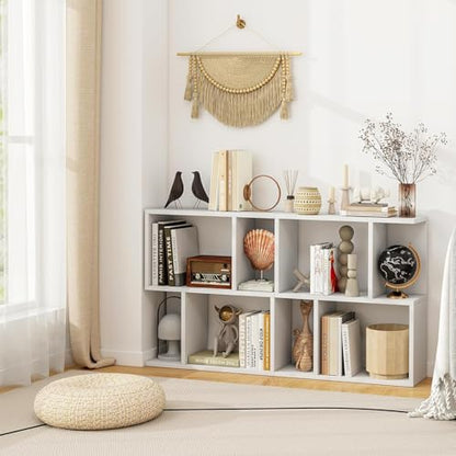 22’’ H Geometric Bookshelf, 2-Tier S-Shaped Floor Bookcase, Freestanding Open Display Book Shelf for Small Spaces, Low Side Table for Living Room & Bedroom (1, White) - color: White