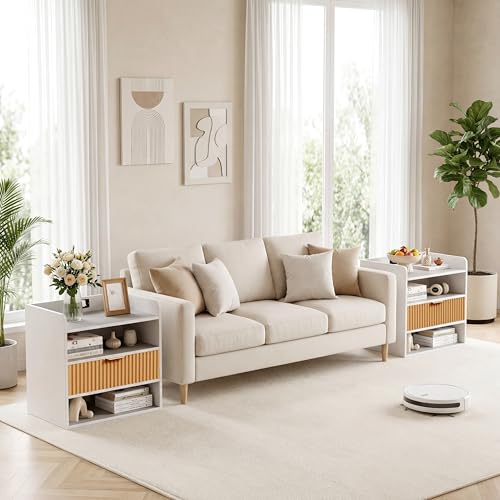 ZIFTY Fluted Nightstand with Charging Station, White Bedside Table with Drawer and Storage Shelves Modern End Table Side Table for Bedroom Living Room, Night Stand Bedroom Furniture Apartment Decor