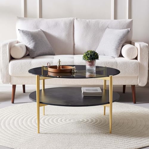 LumFurn Round Coffee Table for Living Room, Mid-Century Modern Design, D30 x H17, 2-Tier Structure, Grey Glass Top and Black Marble Finish Wood Shelf, Sleek Conical Metal Legs with Gold Finish Frame - color: Grey & Black Marble, size: D30" Round Coffee Ta