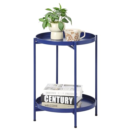 2-Tier Round End Side Table, Small Metal Side Table with Removable Tray, Folding Accent Tables for Living Room, Balcony, Nightstand for Bedroom, Outdoor Tables for Patio, Navy Blue - color: Navy Blue
