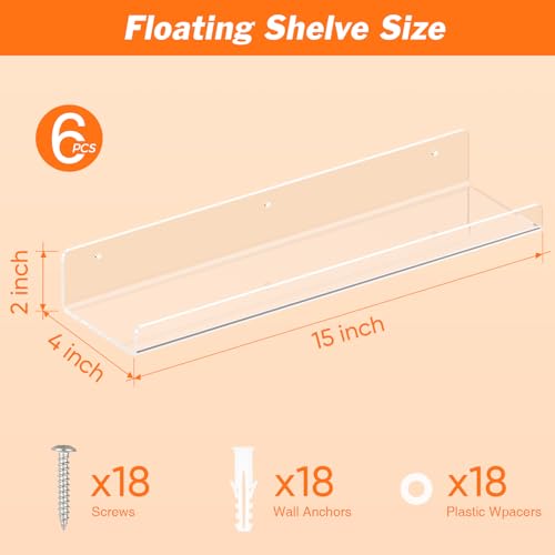 Dooiclear 6 Pack Floating Shelves for Wall, 15" Clear Floating Wall Shelf | Acrylic Book Shelf, Display Shelves Organizer for Bathroom, Classroom, Bedroom, Living Room, Kitchen, Room Decor - size: 6 Pack