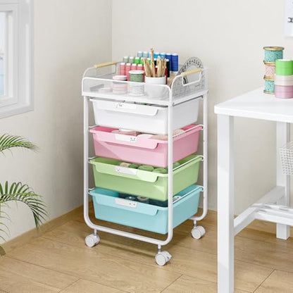 SYKIARIOL 4-Drawer Rolling Storage Cart with Mesh Top, Utility Craft Organizer Cart on Wheels with DIY Labels, Rolling Drawer Cart for Home Office Classroom Bedroom, Colourful - color: Rainbow