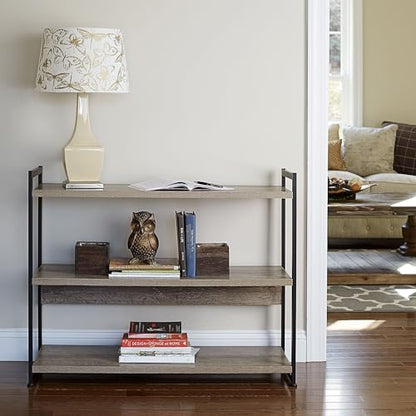 Household Essentials Wide 3‑Shelf Open Storage Bookshelf in Oak Rustic Wood Grain and White Metal Frame, Ashwood - color: Ashwood