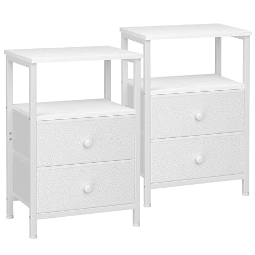Night Stand, White Nightstands Set of 2 for Bedroom | Small Bedside Table with 2 Fabric Drawers, End Tables Living Room, Bed Side Table with Open Storage Shelf - color: White