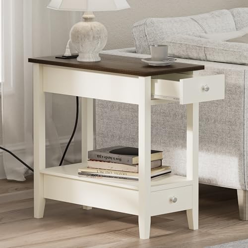 Treocho End Tables Living Room Set of 2 with Charging Station and 2 Drawers | Narrow Side Table with Ample Storage, Sofa Bedside Table for Small Spaces, Living Room, Bedroom, White & Brown - color: Brown/White