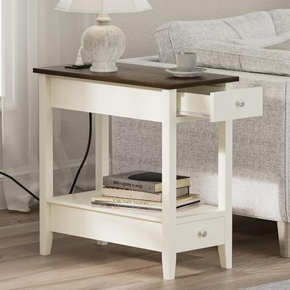Treocho End Tables Living Room Set of 2 with Charging Station and 2 Drawers | Narrow Side Table with Ample Storage, Sofa Bedside Table for Small Spaces, Living Room, Bedroom, White & Brown - color: Brown/White