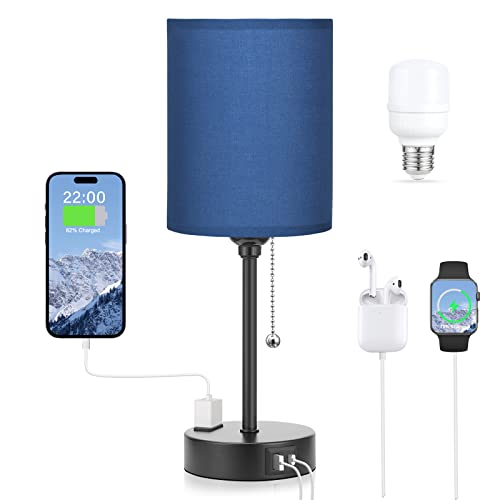 Blue Table Lamps 3 Color Temperatures - 3000K 4000K 5000K Bedside Lamps with USB C and A Ports, Pull Chain Lamps for Bedrooms with AC Outlet, Nightstand Lamps with Black Metal Base for Kids Boys - color: Navy Blue, size: 14.6 in