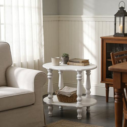 SOFE Elegant Scalloped Small White End Table, 18 Inches Tall Side Table, Farmhouse Wood End Table with Turned Legs for Living Room Bedroom, Rustic Nightstand with 2-Tier Storage for Books Plants Decor